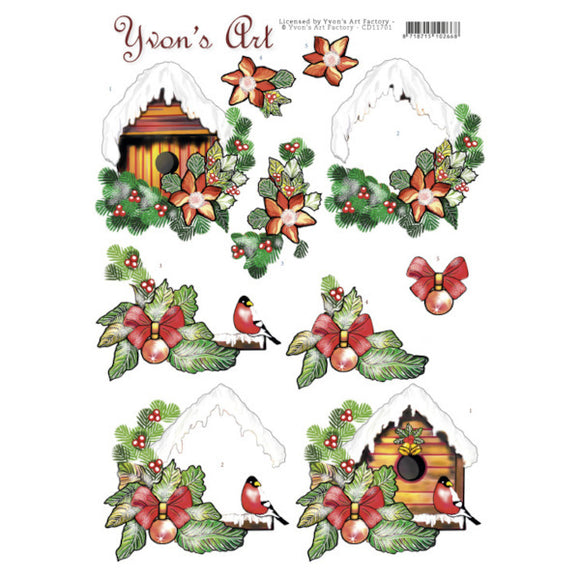 Yvon's Art - Christmas Bird House Decoupage Sheet