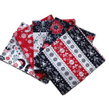 Scandi christmas fat quarters with red, white, and blue patterns on a white background