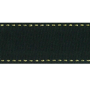 Stitch Edged Grosgrain Ribbon 030 Black with Gold Stitch
