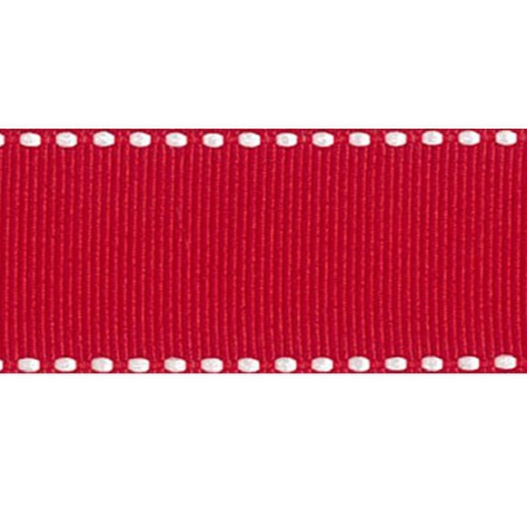Stitch Edged Grosgrain Ribbon 250 Christmas Red with White Stitch