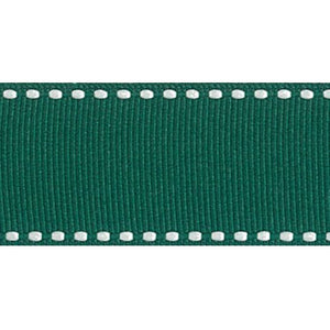 Stitch Edged Grosgrain Ribbon 587 Christmas Green with White Stitch
