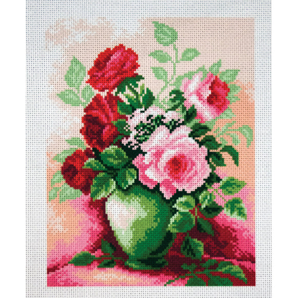Printed Aida Fabric: Vase of Roses, size 28 x 34cm