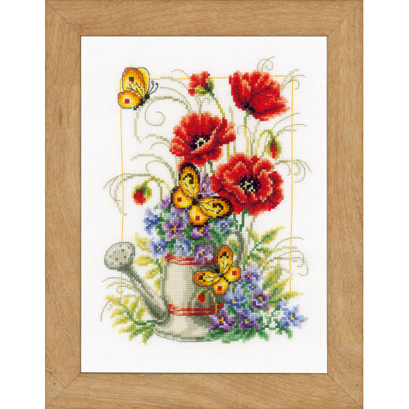 Watering Can Flowers Counted Cross Stitch Kit on Aida